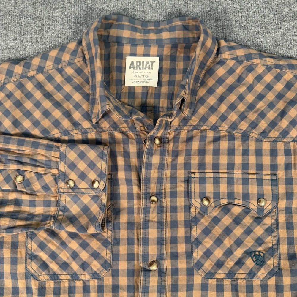 Ariat Retro Fit Mens XL Western Snap Front Gingham Cotton Shirt Brown #4215